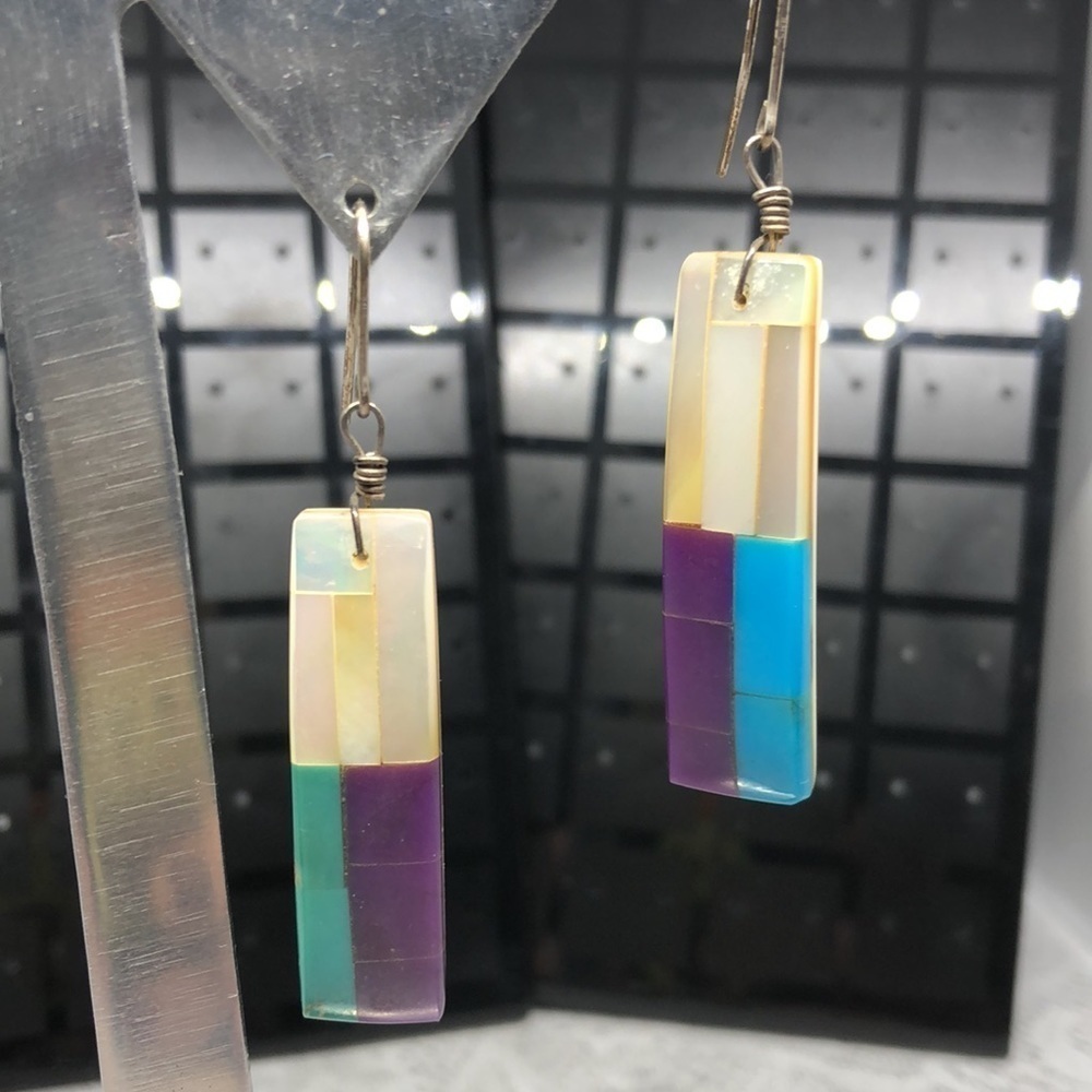 Vintage Santo Domingo artisan handmade gemstone mop colorblock boho earrings